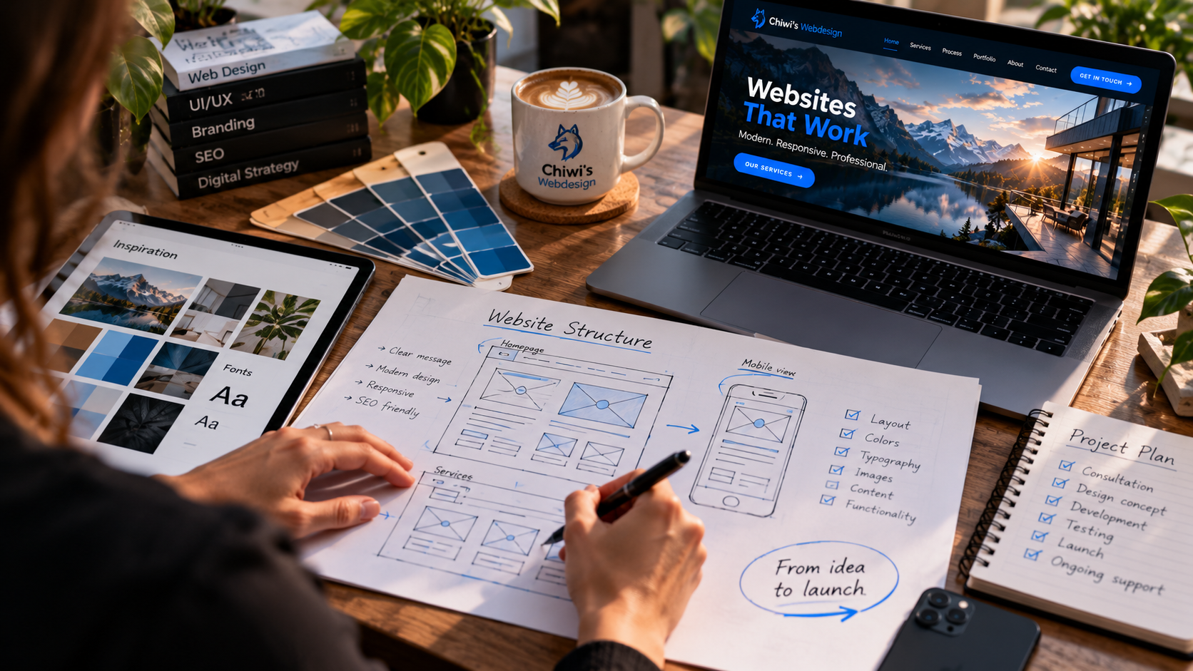 Professional web designer working on wireframes, website structure and responsive interface concepts.
