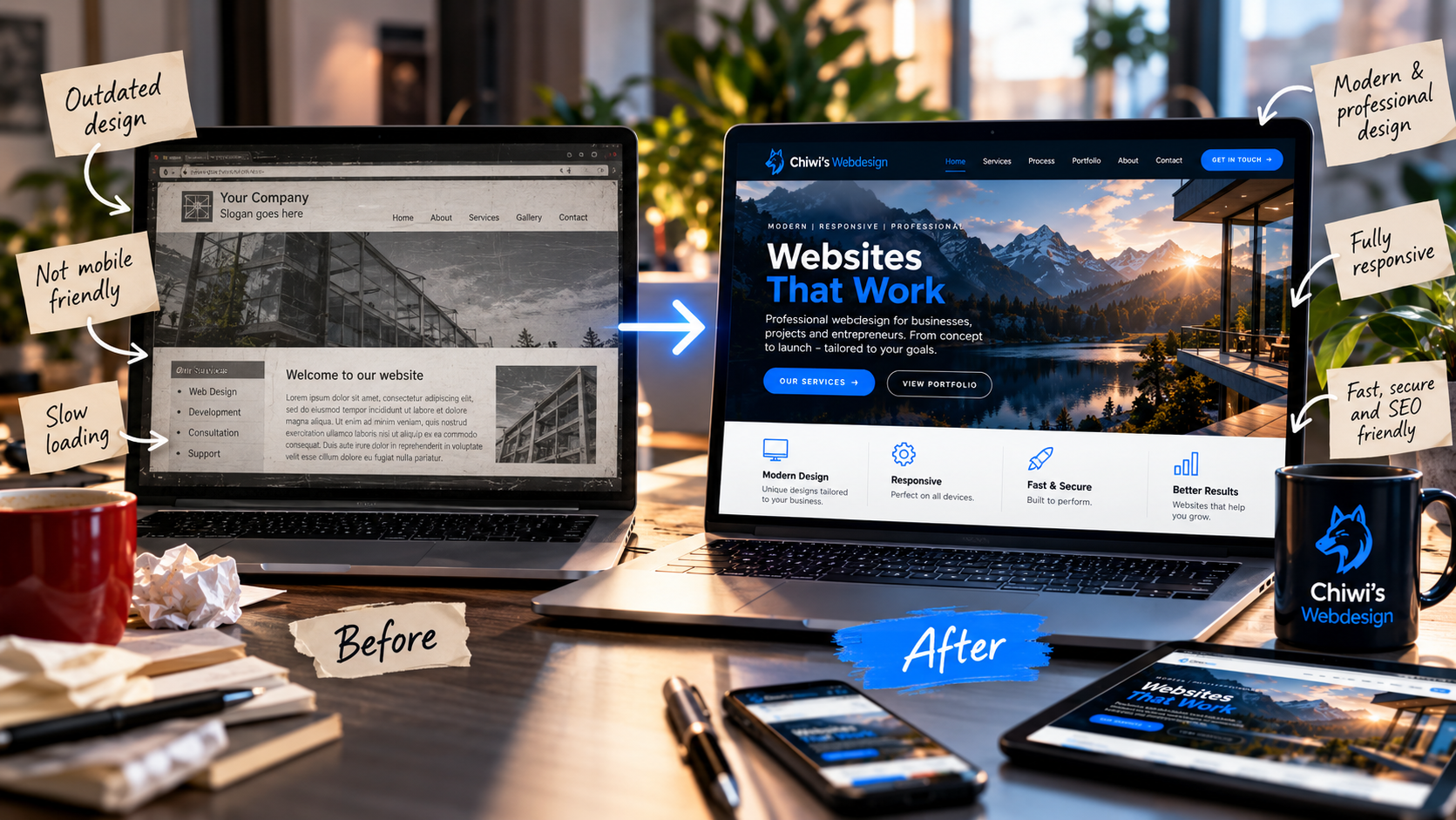 Before and after website redesign case showing an outdated website transformed into a modern professional website.