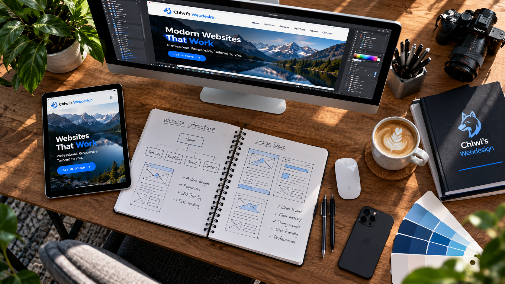 Professional responsive web design presentation with website structure, screens and design materials.