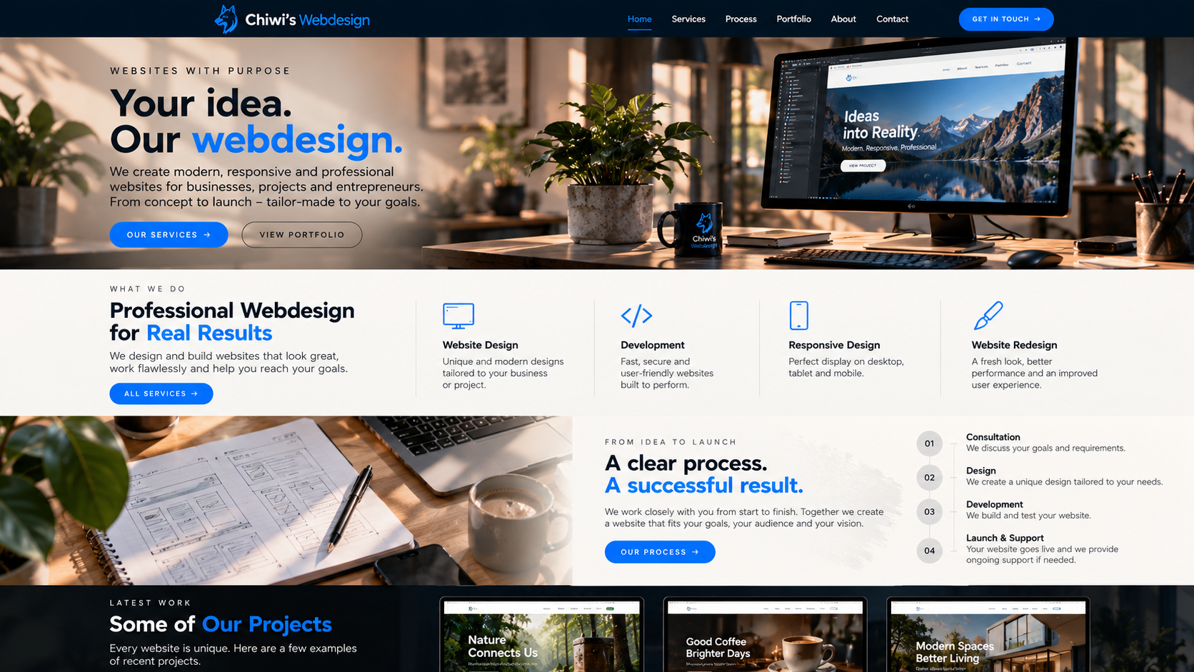 Top-down professional web design workspace with wireframes, design notes and Chiwi's Webdesign materials.